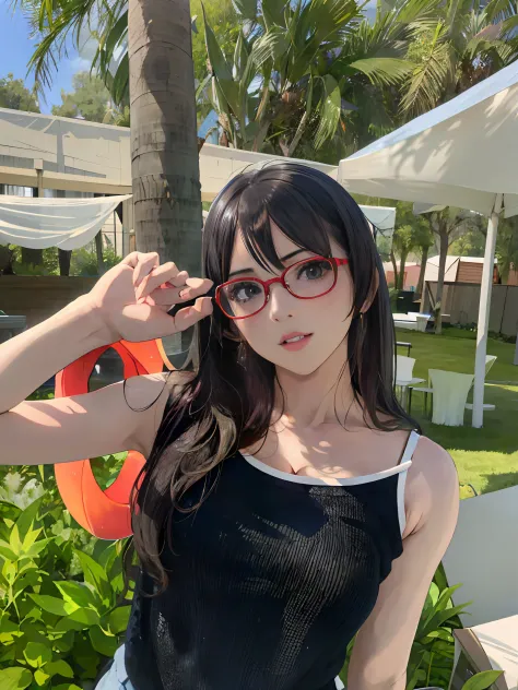 Woman with glasses standing in the grass, Belle Delphine, with glasses, wavy long black hair and glasses, anime thai girl, 奈良美智,...
