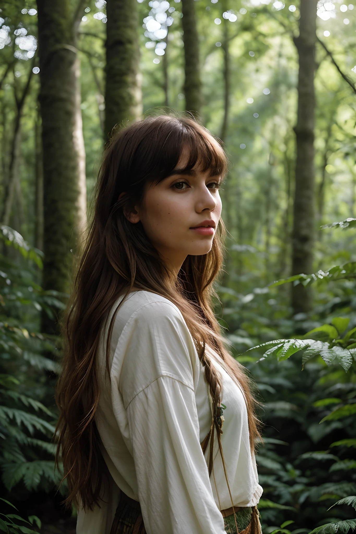 RAW photo, An Instagram model in a picturesque forest, dressed in boho-chic attire, Bangs with layers, Two-tone hair color, surrounded by lush greenery and sunlight filtering through the trees, embracing the serenity of nature, documentary photography, creative shadow play, detailed skin, skin blemish,