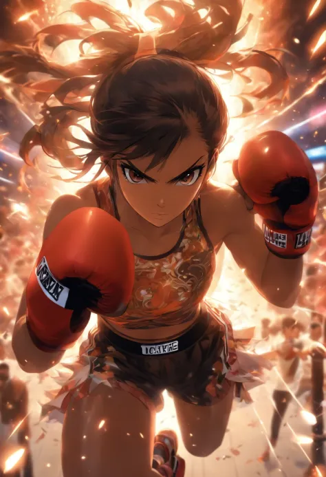 Mature female boxer、Ponytail with black hair、Brown-skinned、Black sports bra  and shorts、Boxing gloves、With keen eyes、Boxing stance、waist line、 - SeaArt  AI