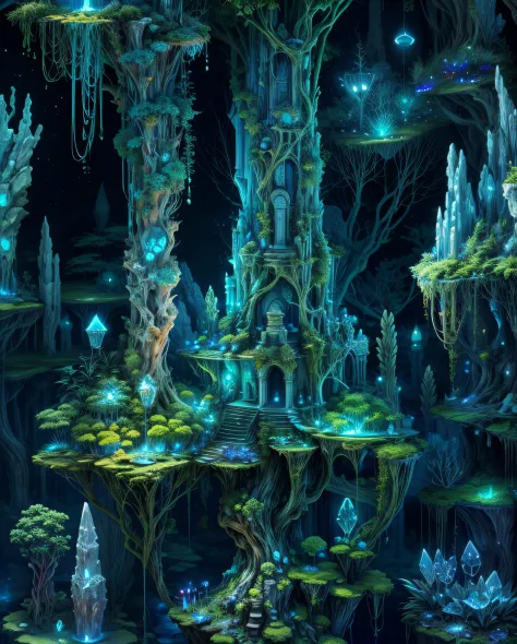 A hidden fantasy jungle deep underground, bioluminescent fungi lighting the way, enormous crystal formations, and ancient ruins ...