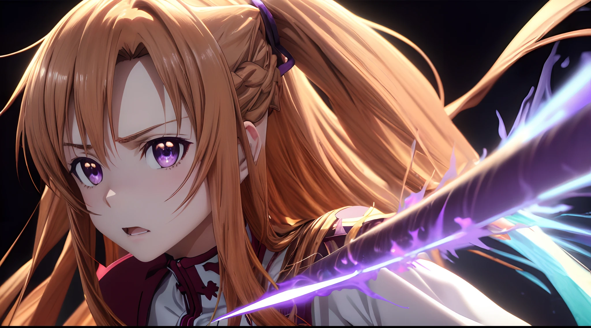 best pictures, masutepiece, ​masterpiece、super precision、Thrusting sword、[3D images:1.25]、(With high quality anime cute Asuna with brown hair and brown eyes)、During the showdown、(Asuna fallen into darkness with purple hair and purple eyes on black background),[[Attractive eyes,A detailed eye、radiant eyes, Colorful eyes:1.15]