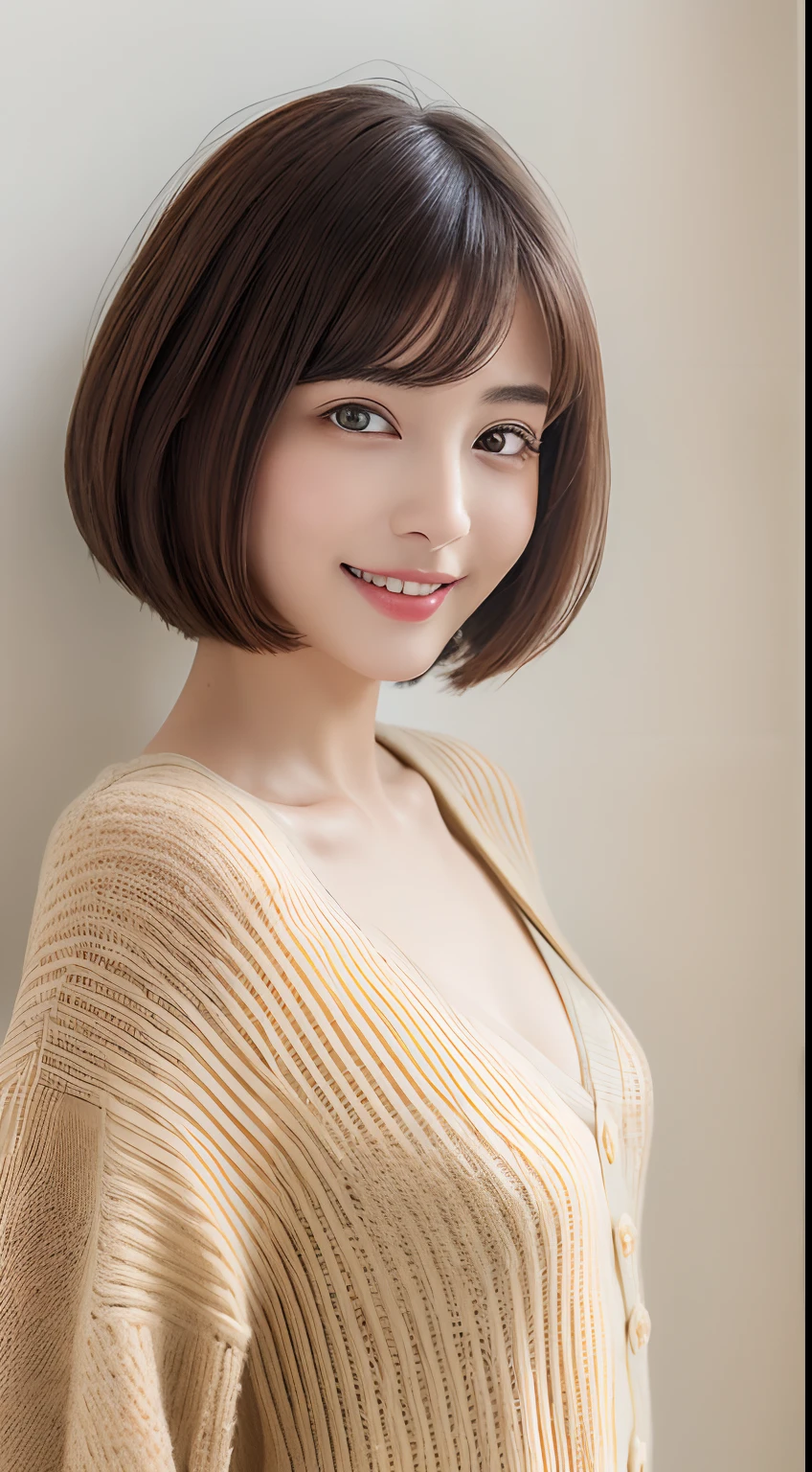 A close up of a woman with a short hair wearing a sweater - SeaArt AI