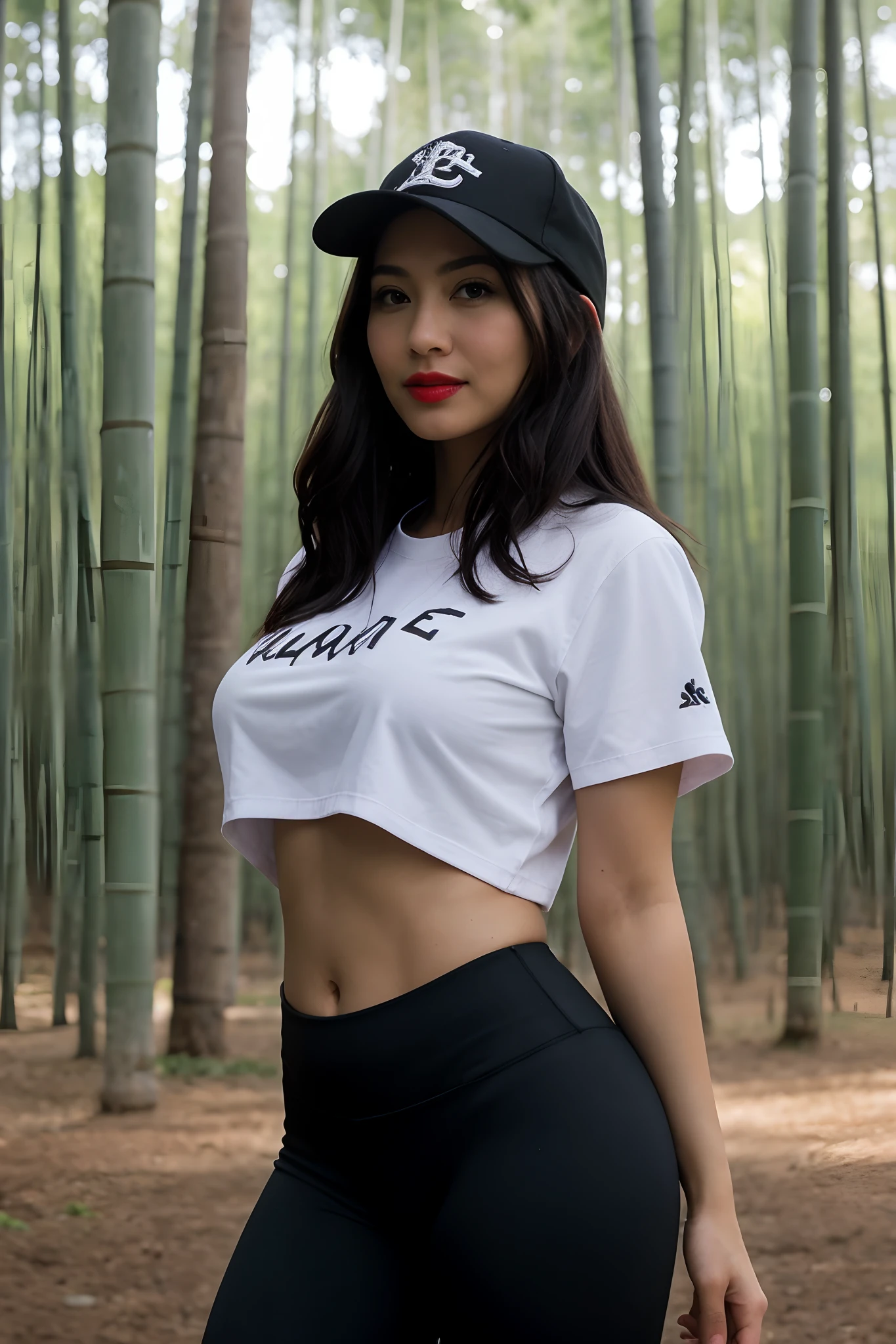1female，36 years old，MILF，mature，Bigchest，Big breasts Thin waist，long leges，Raised sexy，Pornographic exposure， solo，（Background with：bamboo forrest，clubs） She has very short black hair，standing on your feet，Sweat profusely，drenched all over the body，seen from the front， hair straight， mostly cloudy sky，（（（tmasterpiece），（Very detailed CG unity 8K wallpaper），best qualtiy，cinmatic lighting，detailed back ground，beatiful detailed eyes，Bright pupils，（Very fine and beautiful），（Beautiful and detailed eye description），Black eyes，Redlip，ultra - detailed，tmasterpiece，）），facing at camera，（The upper part of the body），A high resolution，ultra - detailed），revealing breasts，Bare genitals，  Bulge，legs are open，sexyposture，Camel toes，Flushed complexion，Open-mouthed，frontage，（Wearing：baseball cap，Red baseball shirt，black colored leggings，athletic sneakers），Full body photo，Show shoes