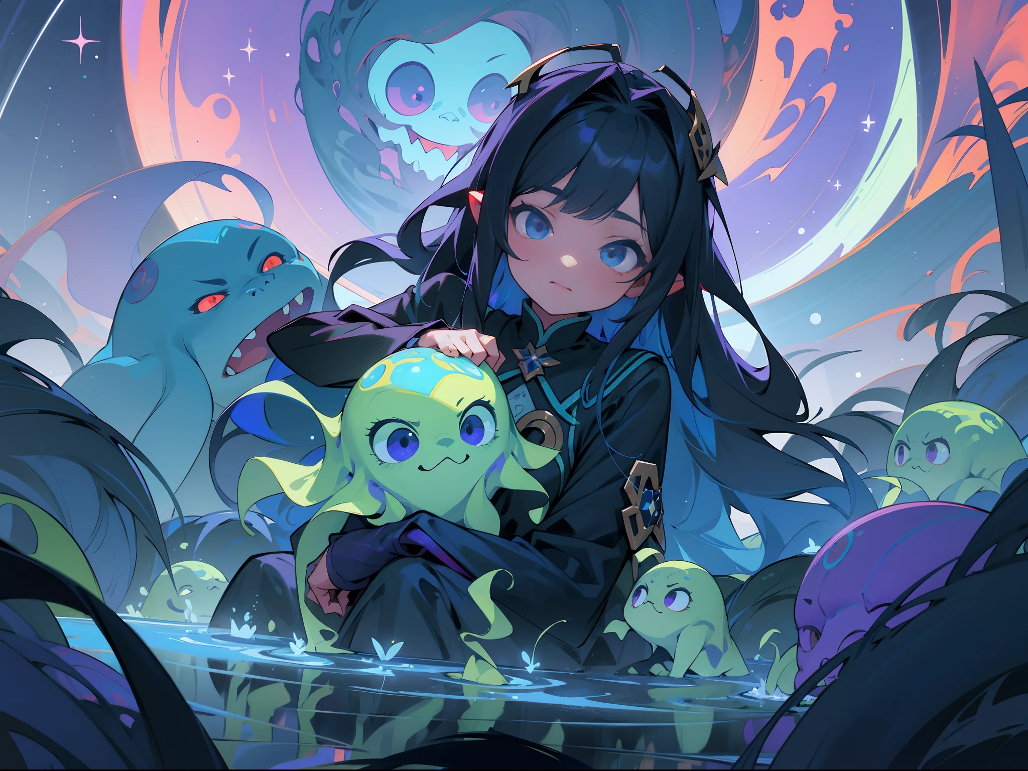 tmasterpiece，Best quality at best），highly details, Ultra-detailed 8K， Ultra-high resolution，cosmos，starlights，Huge algae，Cthulhu，tentaculata，starrysky，black hole，Bask in starlight，The girl is curled up in the middle of the picture，perfect compositions，Black and blue-violet