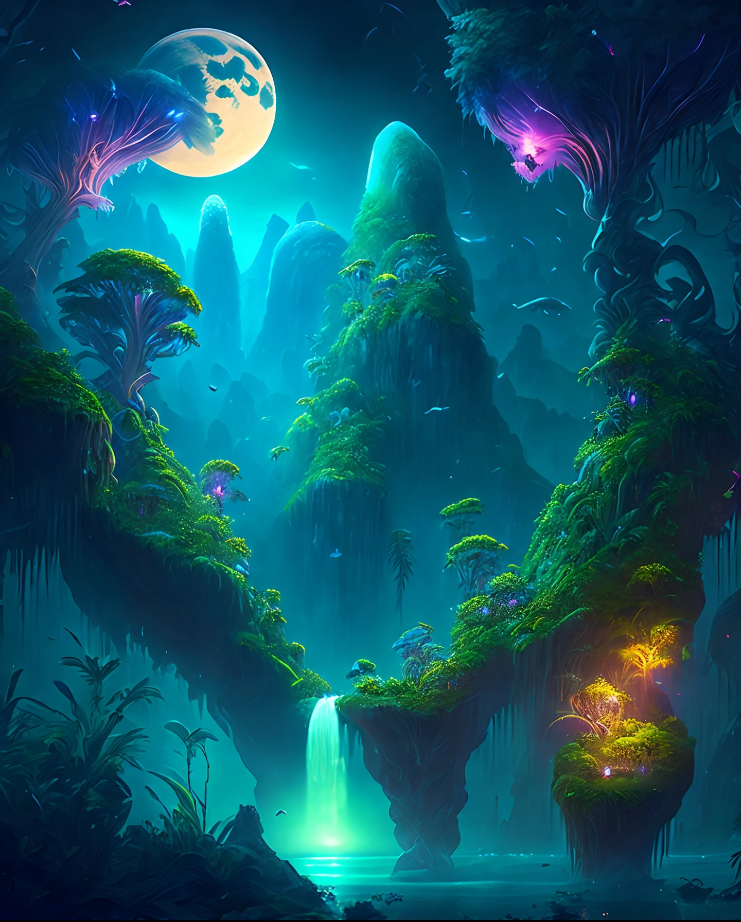 月夜下的迷人奇幻丛林, 巨大的浮岛，覆盖着茂密的植被, 瀑布, 以及在黑夜中翱翔的发光生物, 數位藝術品