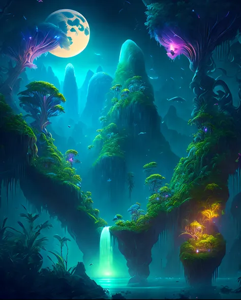 An enchanting fantasy jungle under a moonlit sky, massive floating islands covered in lush vegetation, cascading waterfalls, and...