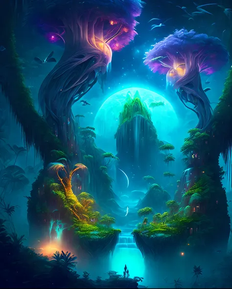 An enchanting fantasy jungle under a moonlit sky, massive floating islands covered in lush vegetation, cascading waterfalls, and...