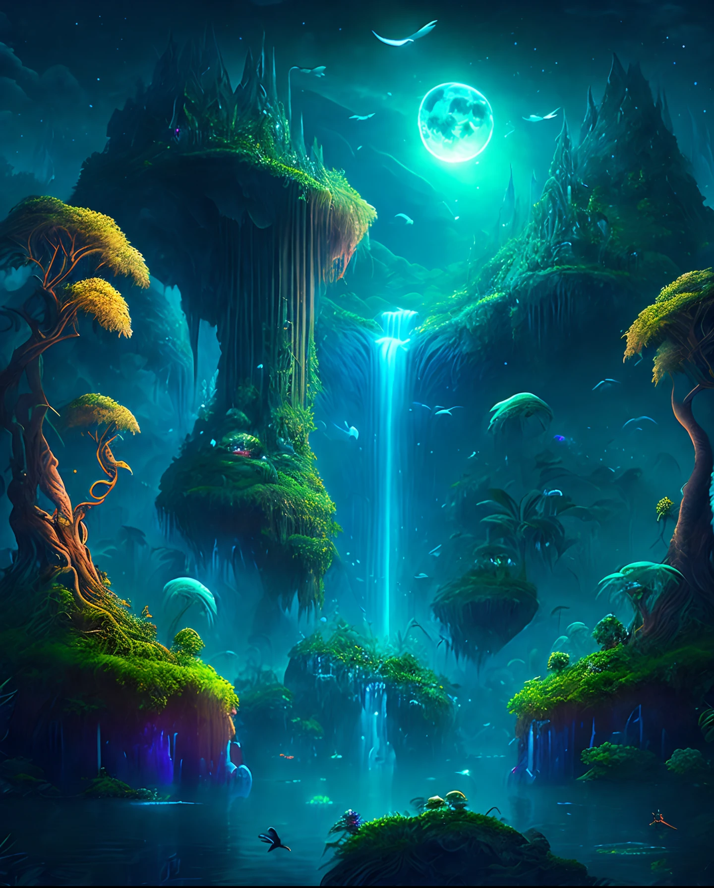 月光下的迷人奇幻丛林, 被茂密植被覆盖的巨大浮岛, 瀑布, 以及在黑夜中翱翔的发光生物, 数字艺术作品