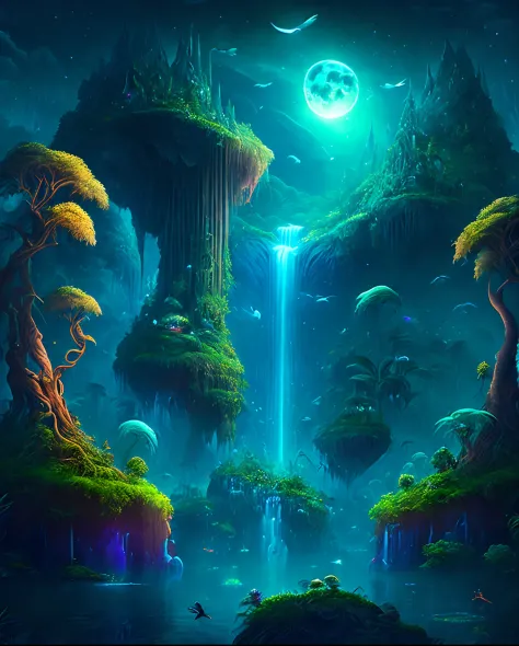 An enchanting fantasy jungle under a moonlit sky, massive floating islands covered in lush vegetation, cascading waterfalls, and...