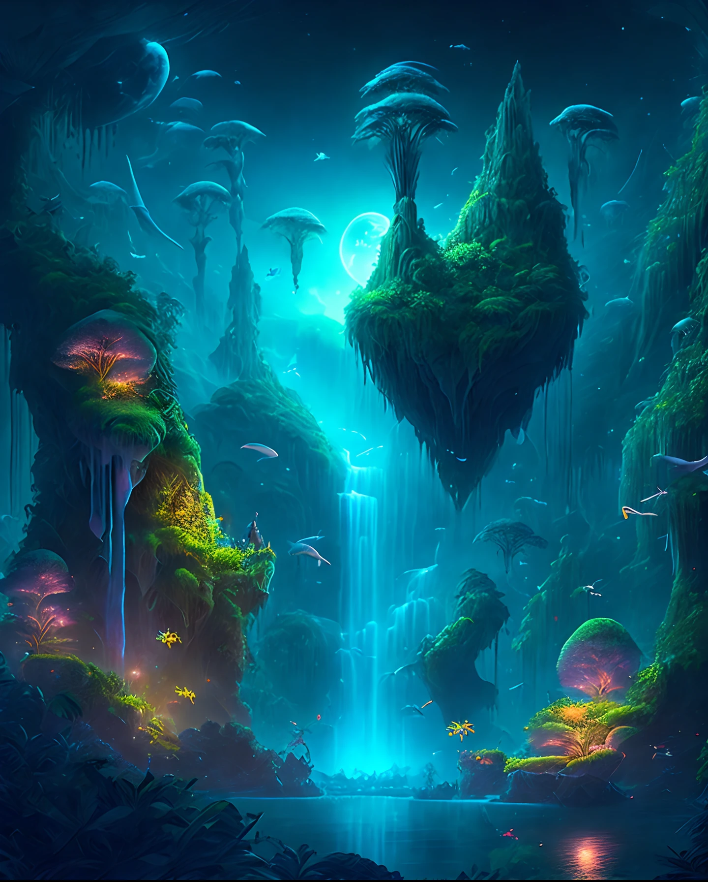 Ein bezaubernder Fantasy-Dschungel unter einem mondbeschienenen Himmel, riesige schwimmende Inseln mit üppiger Vegetation, kaskadierende Wasserfälle, und leuchtende Kreaturen, die durch die Nacht schweben, digitales Kunstwerk