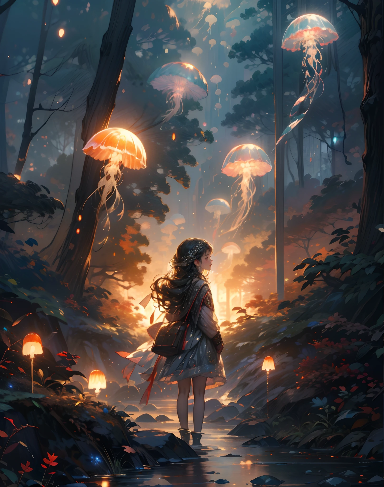 jellyfishforest, 1girl, mushroom, dress, long hair, scenery, white dress, solo, nature, water, wading, outdoors, tree, standing, black hair, fantasy, forest