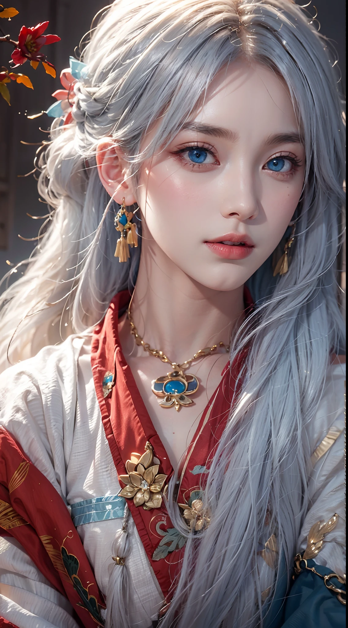 photorealistic, masterpiece, photorealistic, high resolution, soft light, hips up, blue eyes, red hanfu, white hair, long hair, Taoist robe,oversized clothes, jewelry, tatttoo