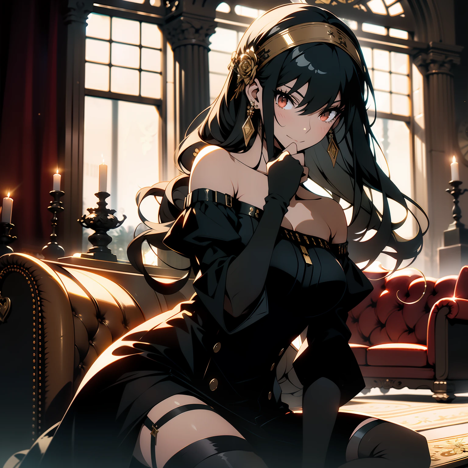 masterpiece, royal background, yor, 1girl, solo, long hair, looking at viewer, large breasts, blushing, cleveage, (black hair), sneer, gold hair ornament, red eyes, thighhighs, gloves, dress, holding, bare shoulders, jewelry, lying down, indoors, couch, weapon, flower, sidelocks, hairband, earrings, boots, black gloves, black thighhighs, hair flower, fingerless gloves, holding weapon, black dress, zettai ryouiki, thigh boots, knife, dual wielding, holding knife, dagger, lamppost, two-sided fabric, holding dagger, gold hairband, two-sided dress,