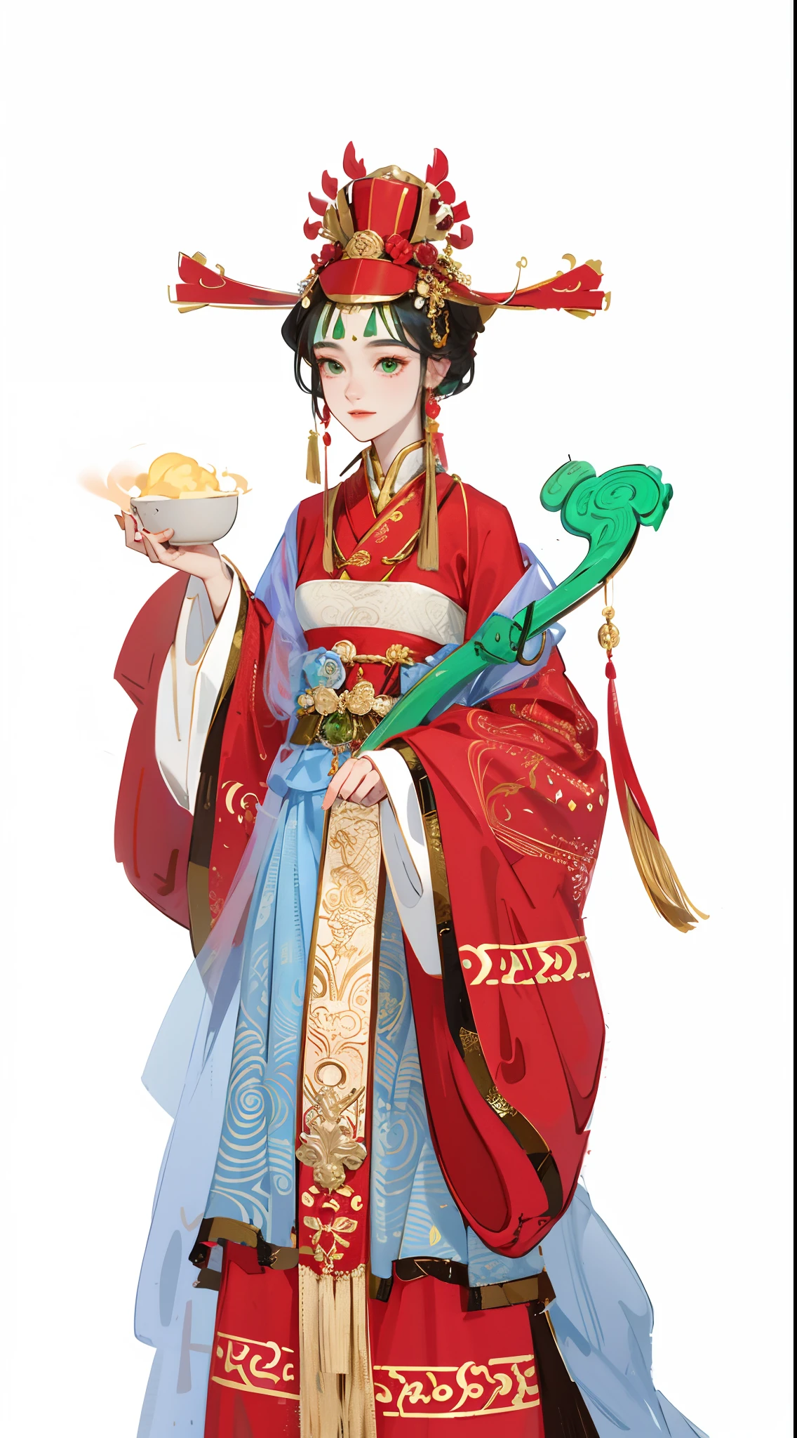 God of Wealth，Goddess of wealth，Gold ingots in your hands，Green jade Ruyi，Wear an official hat，fortune