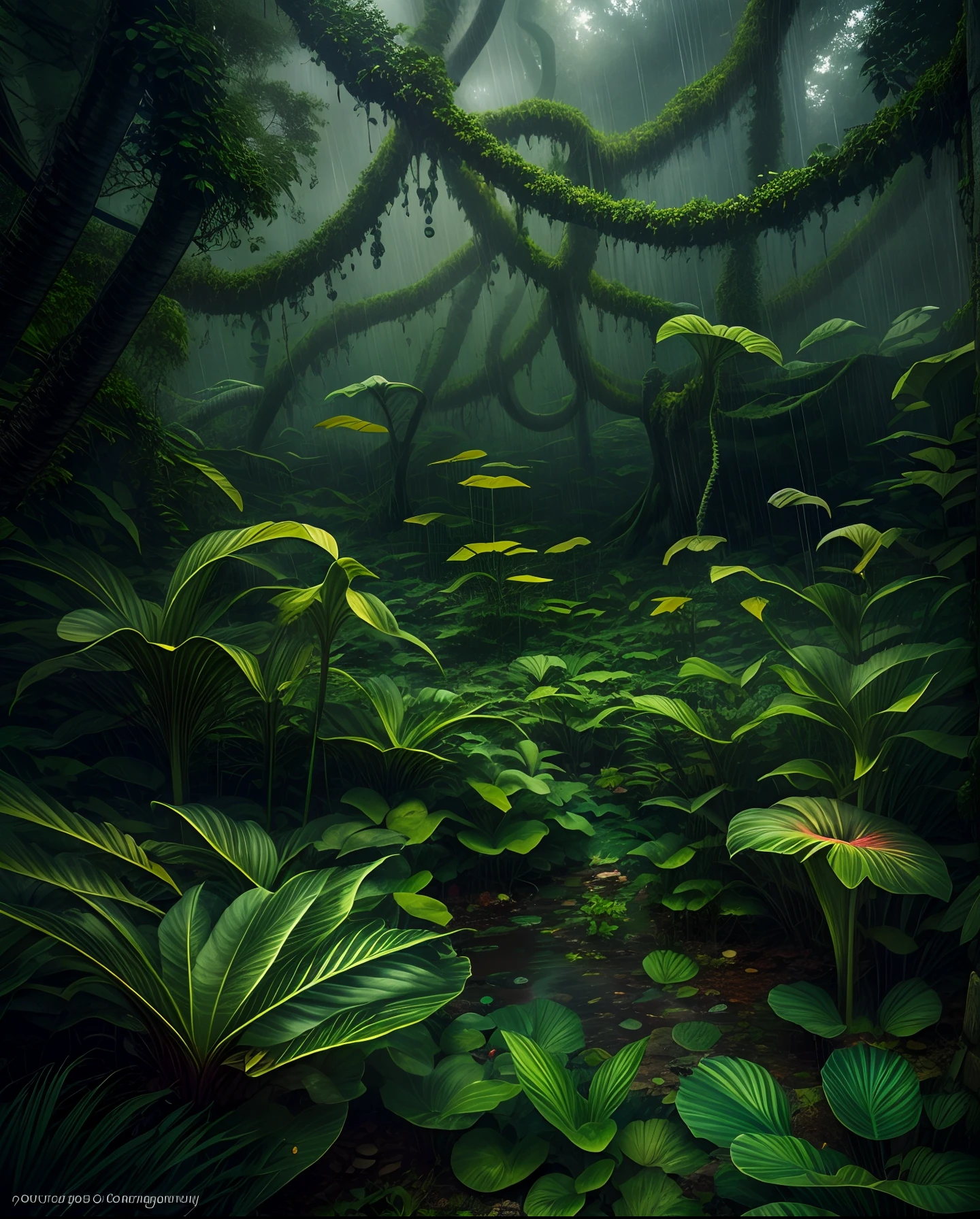 A perilous fantasy jungle during a torrential downpour, twisted vines, carnivorous plants, and lurking creatures, the air thick with tension, Photography with a wide-angle lens and high ISO settings