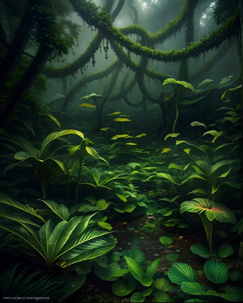 a perilous fantasy jungle during a torrential downpour, twisted vines, carnivorous plants, and lurking creatures, the air thick ...