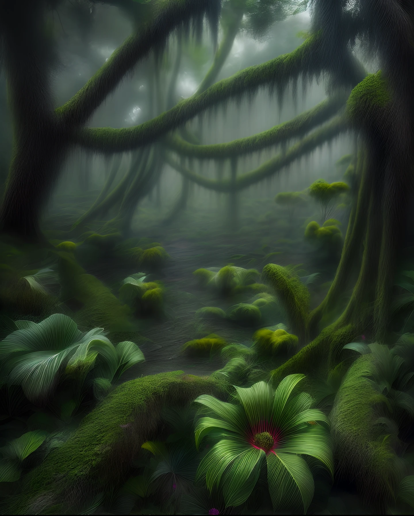 A perilous fantasy jungle during a torrential downpour, twisted vines, carnivorous plants, and lurking creatures, the air thick with tension, Photography with a wide-angle lens and high ISO settings