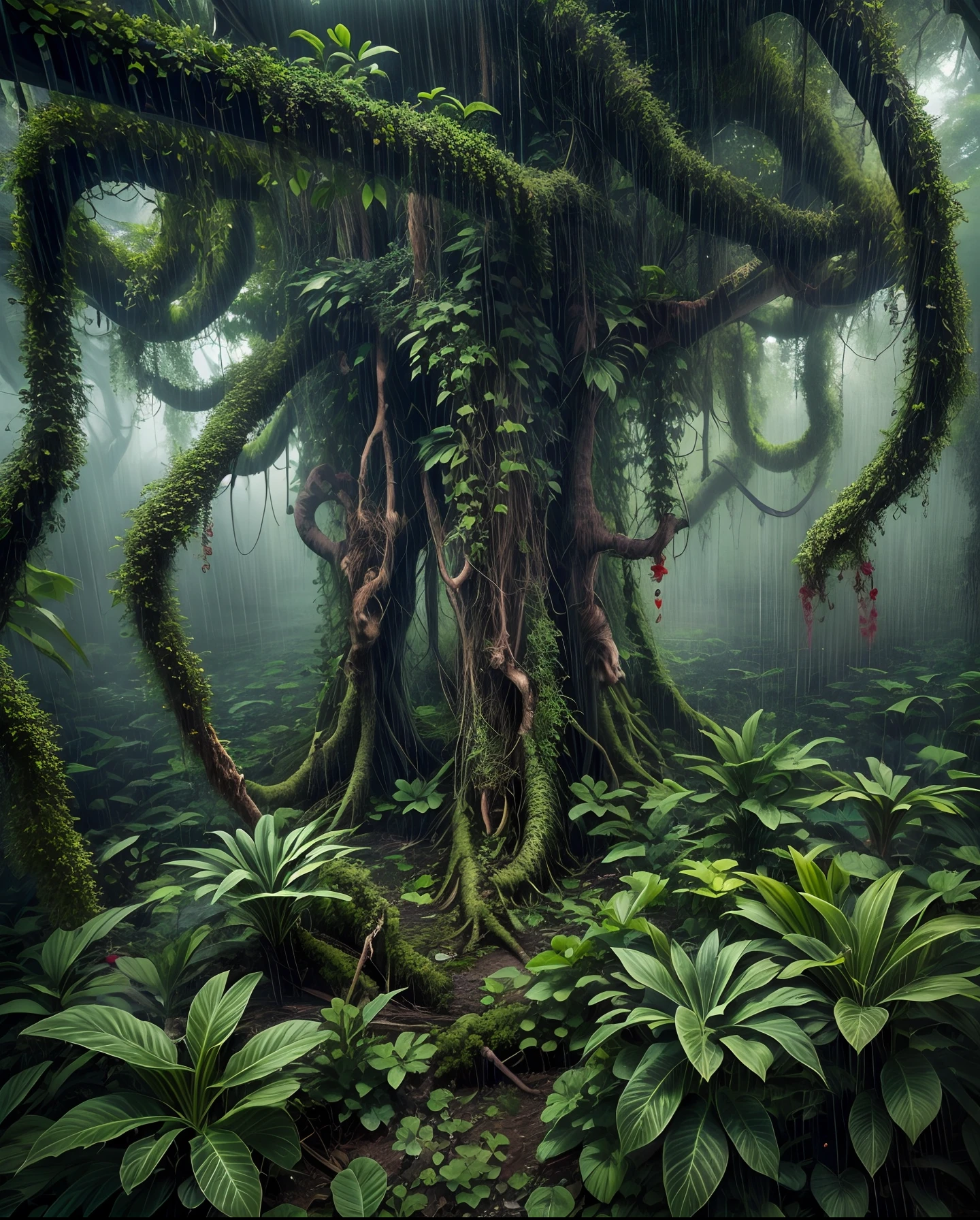 倾盆大雨中的危险奇幻丛林, 扭曲的藤蔓, 食肉植物, 和潜伏的生物, 气氛紧张, 使用广角镜头和高 ISO 设置进行拍摄