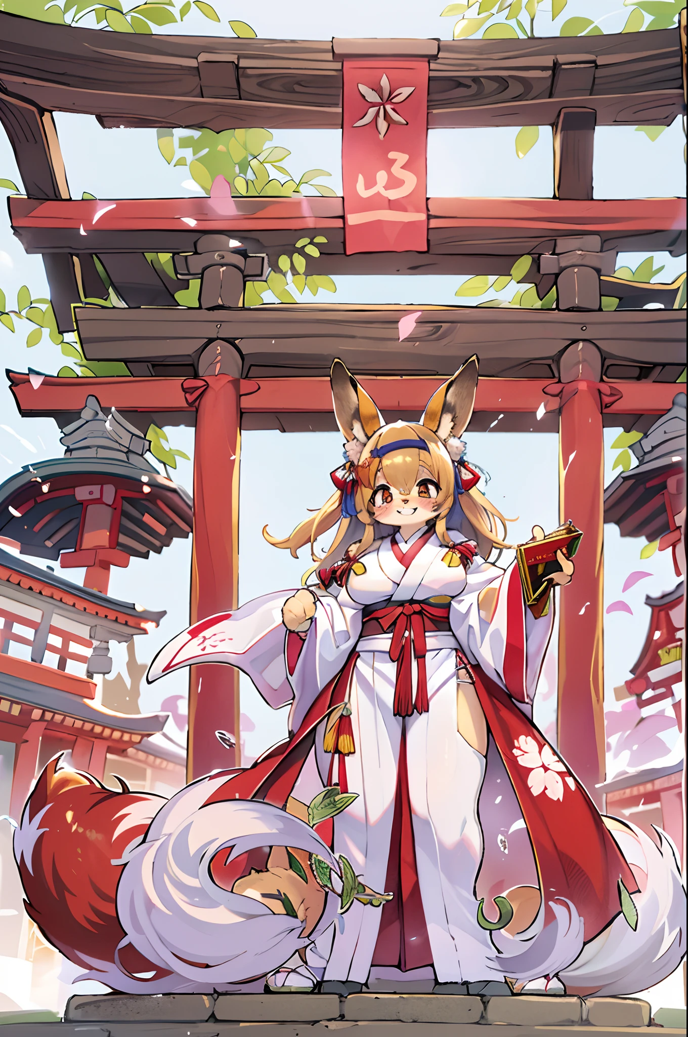 Femme Renard、corps recouvert de fourrure、aux seins énormes、kawaii、jeune fille du sanctuaire、Vêtements blancs au Japon,rouge aussi、portes tori,Jour d&#39;été、((haute position))、Un grand sourire、Grosse、cuisse épaisse、gros culs、Ultramammie,chibi,Nanachi