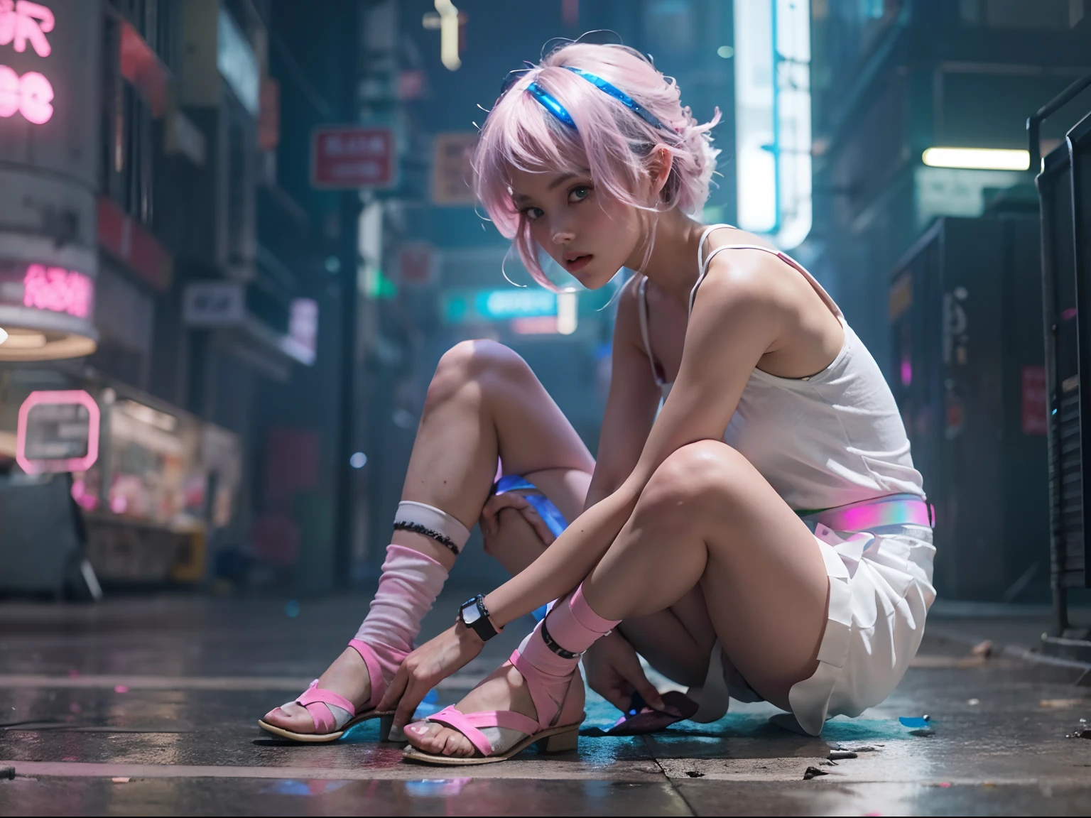 garota adolescente de cabelo curo loiro com mechas rosas, usando uma saia branca e top rosa agachado no chão, imagem de corpo inteiro, Cidade Cyberpunk Ultra Realista com projeções holográficas de alta tecnologia e arquitetura elegante, foto realista altamente detalhada