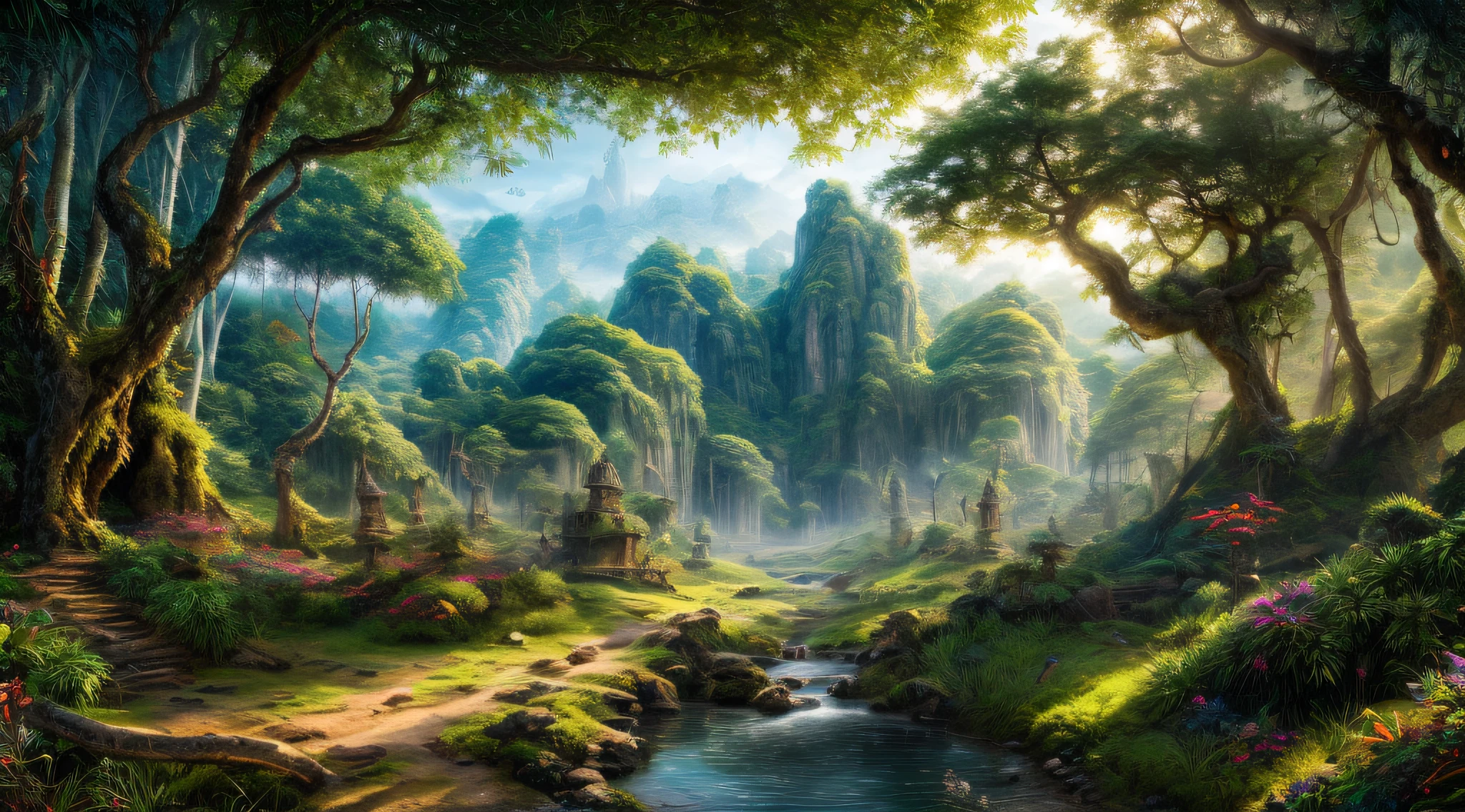 Uma paisagem épica da selva cinematográfica, meticulosamente trabalhada em 4K HD, mostrando a grandeza da selva com cores vibrantes e bonitas, uma cena que transporta os espectadores para um mundo de fantasia, Ilustração digital com renderização de alta definição,