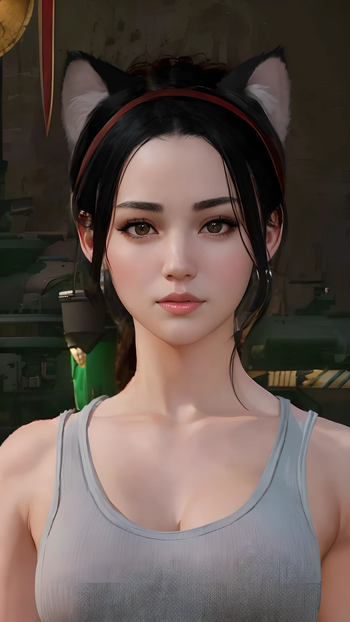 1girl,((ultra realistic details)), portrait, tank top, sexy, black hair, big eyes, big breast, shadows, octane render, 8k, ultra sharp,metal,intricate, cat ears, soft shoulders