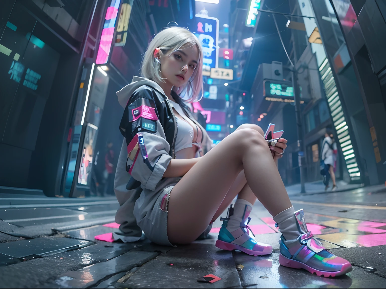 Hermosa adolescente ultra detallada con cabello rubio corto con reflejos rosados, agachado en el suelo, Falda corta y top blanco,, imagen de cuerpo completo, Cidade cyberpunk ultra realista con proyecciones holográficas de alta tecnología y arquitectura elegante, Foto realista altamente detallada