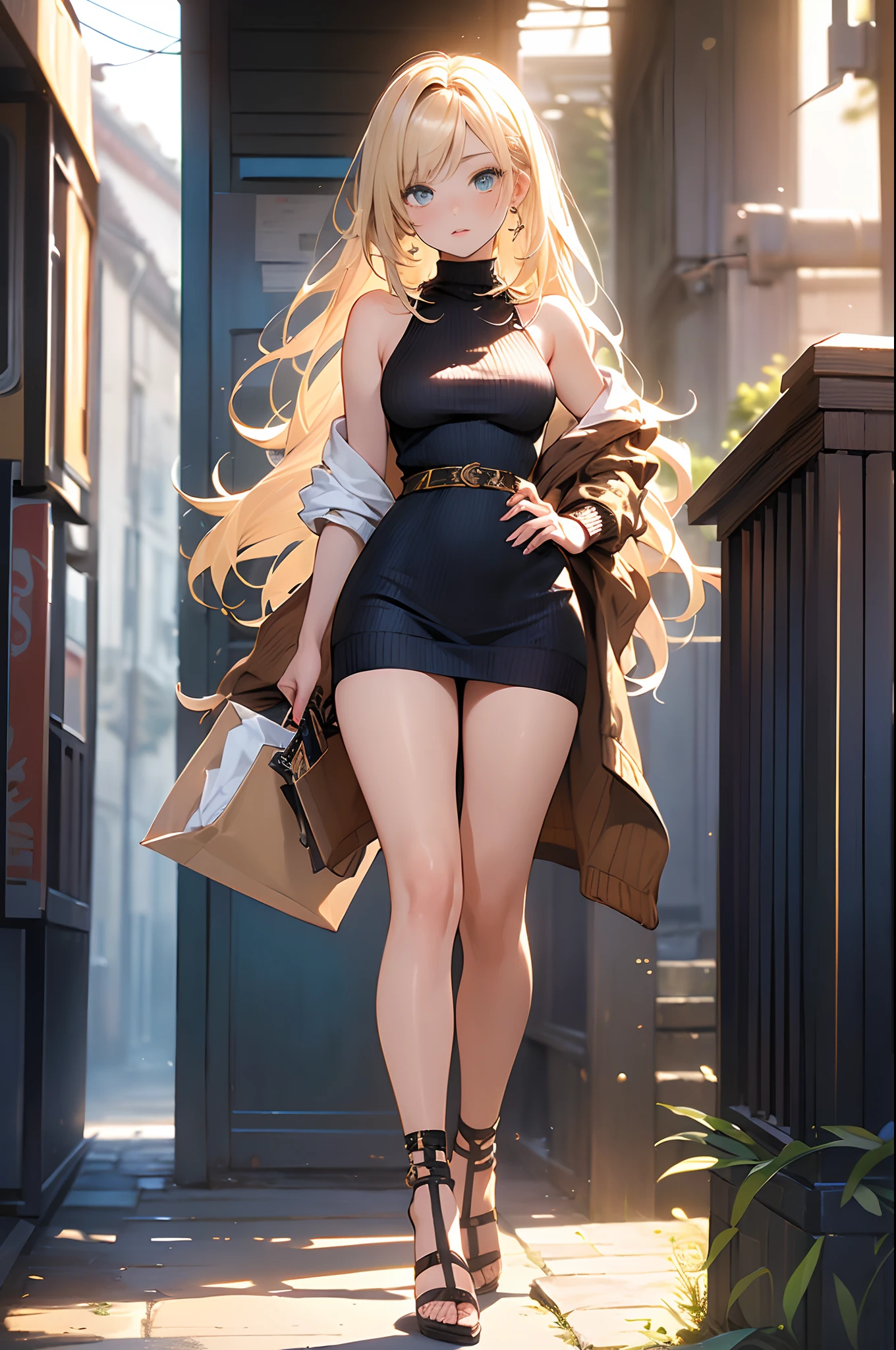 (Masterpiece, Best quality, Ultra-detailed, A high resolution, 4K),(Beautiful detailed eyes),(Very detailed face),(1girll),18yr old，Sexy tall, Mixed-race beautiful girl,hair over shoulders, Blonde hair, Sweater dress, heeled sandals、Full body like