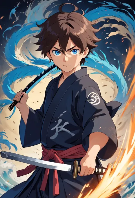 strong abandoned man protagonist, dirt on face, black kimono clothing with wave patterns, haori over the top of kimono, black katana by waist, blue eyes, brown hair ((middle parted hair))