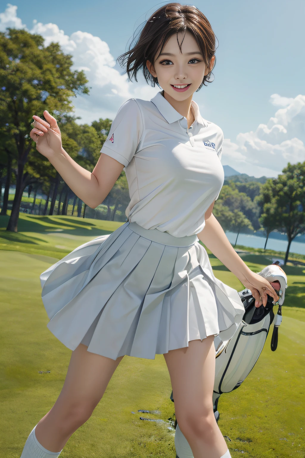 、Smile full of happiness、((nearly naked:1.3))、nearly naked、、lawn、Sweating、is standing、short-hair、eye glass、1girll，Golf Player，face perfect，crisp breasts, Convex buttocks,White Sport Short Sleeve，Short white pleated skirt，White sport socks，White shoes，Hair is short，a wet body，Swing a golf club，golf course，Sunnyday，Clouds， Detailed background, Clothing Details, Perfectly proportioned, film grains, Fuji colors, lightand shade contrast, tmasterpiece, high detal, high quarity, hight resolution, Cinematic lighting, 8K, Textured skin, Super Detail