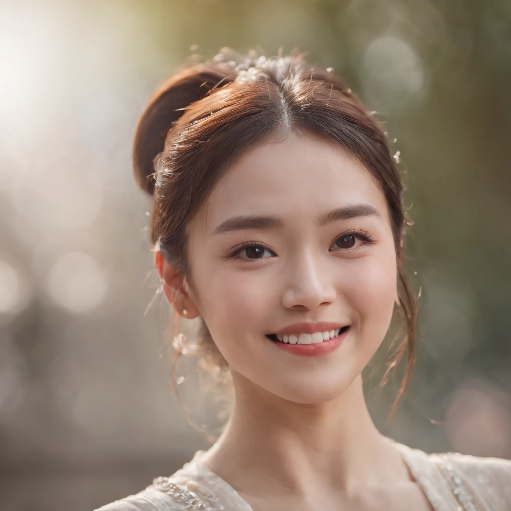 hyper photorealism, god light, Fuji colors, head out of frame, Close-up, hyper HD, Super detail, 16k，head portrait，a Korean girl，laughing very happily，pony tails，light make-up，sideface