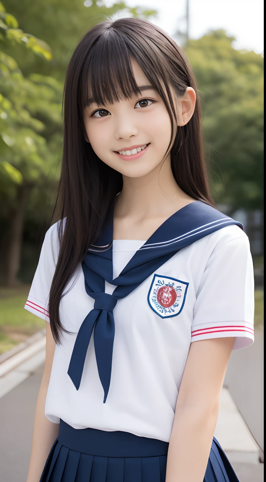 A close up of a young woman in a sailor outfit posing for a picture ...