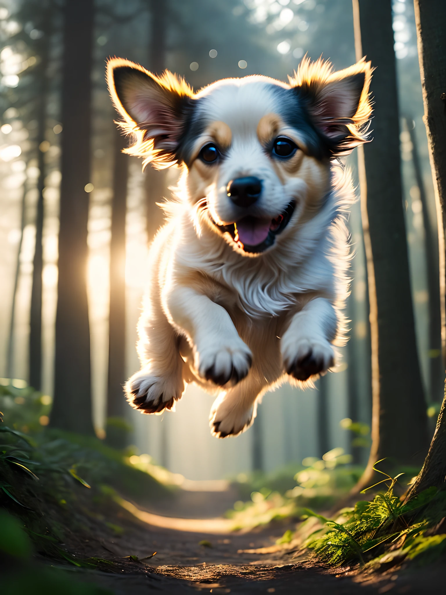 foto aproximada de um cachorrinho pulando muito fofo na floresta, luzes volumétricas suaves, (retroiluminado:1.3), (cinematic:1.2), Detalhes intrincados, (estação de arte:1.3), Rutkowski