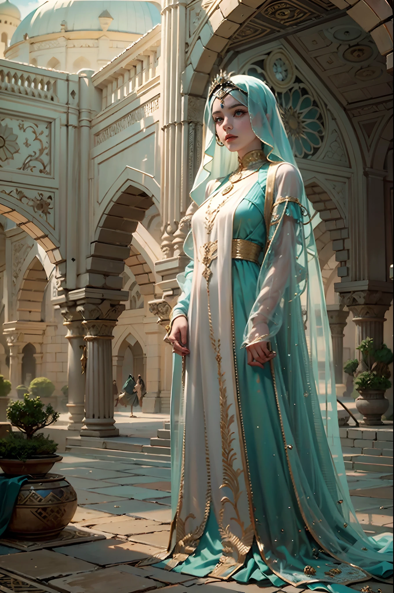 in a panoramic view，photorealestic，8K，with blue sky and white clouds，2 Arab slave girls，Wear a translucent traditional Arabian burqa，Arabic hijab，The Arabian veil is masked，Bind your hands，bound waist，anklet，sat on the ground，Waiting，Eyes seductive，A mask，Gorgeously dressed，A noblewoman in a lavish Arabian burqa，See them up close，Desert oasis，A market outside the luxury Arabic tent cluster，Perfectcomposition，professinal，Meistwick，commissioned，best qualtiy，color corrected，After fixation，Retouching，Improvement，Epic，Tone-mapping，the detail， highly  detailed， digitial painting， art  stations， Conceptual map of the long dam， Smoothness， Sharp focus， Beautiful illustration， photore， The light from the back window is backlighted， 动态照明， Mist， 复杂， cinematic grain， professinal， face to the viewer，（Beautiful m3d_woman， Perfect M3D_face,）， Volumetriclighting， subsurfacescattering， Good highlights， Good shadows， cinematic ligh