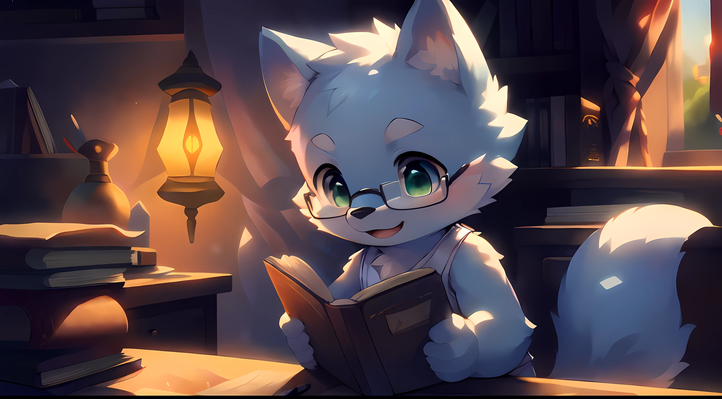 masterpiece, best quality, highly detailed, sfw, 1boy, (sitting at desk, studying, reading:1.25), (upper body:1.25), (morning, sun light, brightness:1.5), (bedroom, book, desk:1.25), (kemono), (shota, toddler:1.25), (cub:1.25), (solo:2.0), cute, kawaii, (wolf:1.2), light blue fur, light blue face, (bald:0.25), detailed green eyes, (thick eyebrows), light blue body, light blue arms, light blue hands, light blue tail, (4 fingers:0.25), (chest tuft:0.1), detailed, (black glasses), (white tank top), detailed background, (bedroom, book, desk, paper, pen, lamp:1.25), Acoustic Guitar, warm, cozy, focus, Chill, Playful, Relaxed, Cozy, Lazy, Affectionate, Curious, Comforting, Cute,