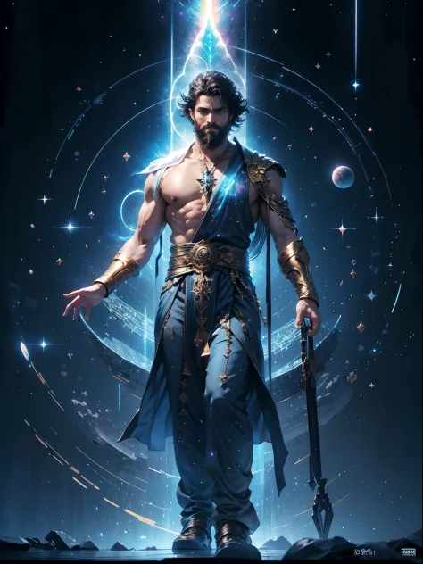 A mystical being floats in the cosmos surrounded by galaxies and nebulae. He has the muscular body of a Greek god with short dar...