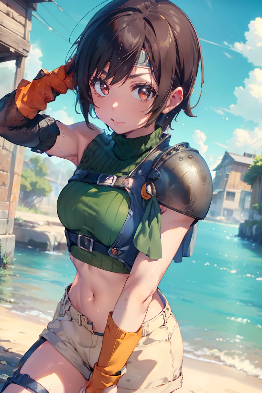 (masutepiece, 8K,Very detailed),1girl in, Short hair, head band, Navel, Sleeveless, turtle neck, Brown eyes, sleeveless turtleneck, breasts, gloves, croptop, Brown hair , Shorts, Midriff, armor, Sweaters, open fly, Fingerless gloves, Ribbed sweater, medium breasts, Yuffie_Kisaragi_01 Girls,Mare,sodden,Dynamic Angle