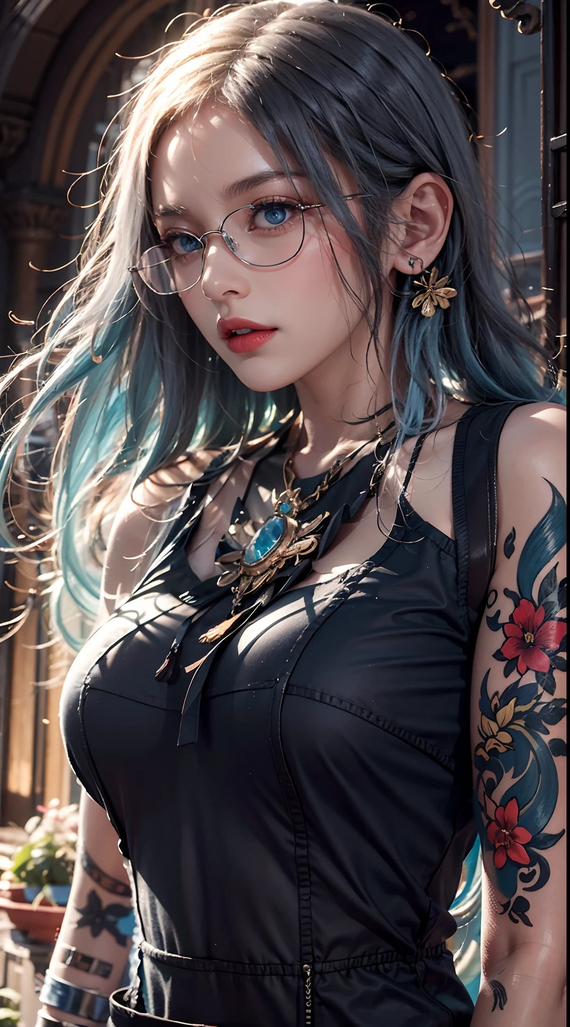 photorealistic, masterpiece, photorealistic, high resolution, soft light, hips up, blue eyes, long hair, jewelry, tattoo, black suit, glasses, cool style