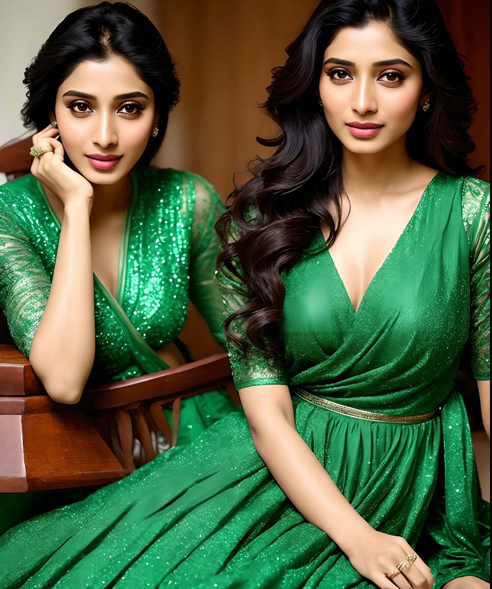 Anusha and anusha in green dresses - SeaArt AI