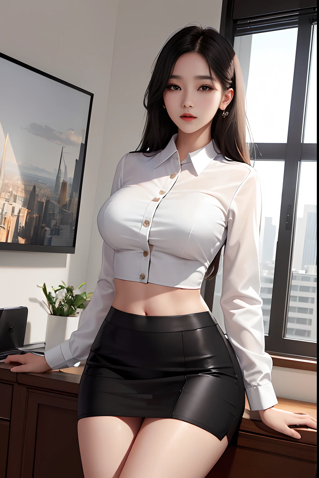 a woman in a skirt and blouse, work at office, look at MacBook, Female Boss, modern office interior, wide window, city view, smooth white tight clothes suit, gorgeous young korean woman, wearing an elegant outfit, elegant clothes, beautiful south korean woman, elegant slim beige shirt, korean woman, korean girl, white trendy clothes, beautiful young korean woman, gorgeous lady,  (hyperrealistic), (illustration), (high resolution), (8K), (extremely detailed), (best illustration), (beautiful detailed eyes), (best quality), (ultra-detailed), (masterpiece), (wallpaper), (detailed face), crop top, black skirt, navel, underboob, upskirt, white thong, pantyshot