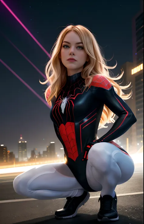 **Emma stone Gwen, Stacy on spider verse, spider-man on spider back, white and black costume, young pale thin white girl, lob hair, ombre hair, modern hair cut bob short, wavy hair, dark to blonde hair, (night town background), spider and webs, full body, ...