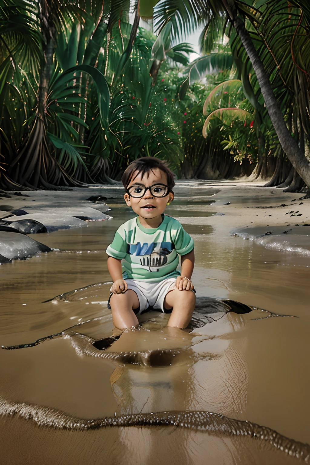 Create a Studio Ghibli-style photograph with a happy 3-year-old wearing glasses, vestido com trajes de praia, sentado em uma cadeira de praia, looking-into-camera. In the background, incluir o mar, Praia de areia branca, Montanhas, e palmeiras. The photograph should emphasize the boy sitting in the middle of a beautiful scenery. Capture a cena ao nascer do sol para infundir cores quentes no assunto. Pay meticulous attention to (((detalhes intrincados))) para garantir que o menino e os arredores exalem o charme extravagante do Studio Ghibli. Ambicione (((extrema qualidade de detalhes))) para criar uma fotografia visualmente cativante.