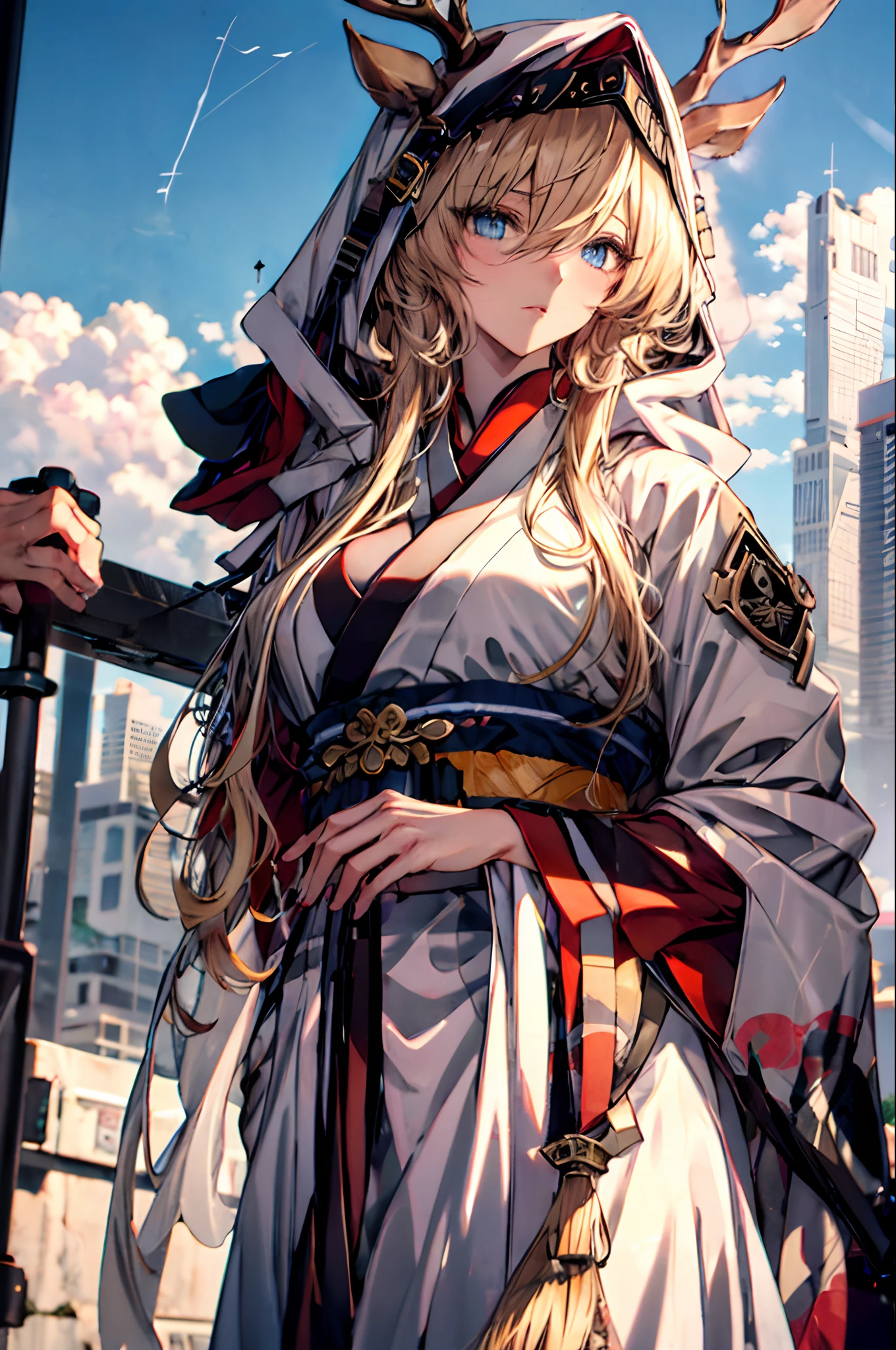 Masterpiece, Professional lighting, photon maping, Radio City, Physically-based rendering,1girll, full bodyesbian,absurderes, A high resolution, skylines, Beautiful detailed sky, Covered ,(Hanfu, Ming style),Blue eyes,