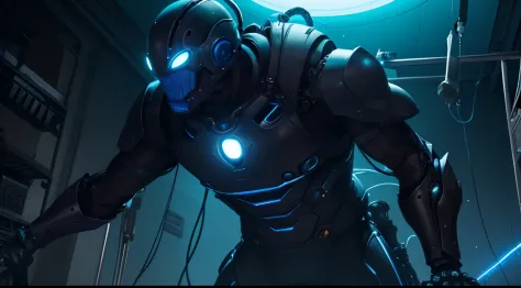 Taken from a low angle, this view shows Dr. Octavius demonstrating the ability to cling to any surface using his mechanical arms. He is suspended on a wall and clinging to the laboratory ceiling. The blue glow from the suit is reflecting on surfaces, creat...