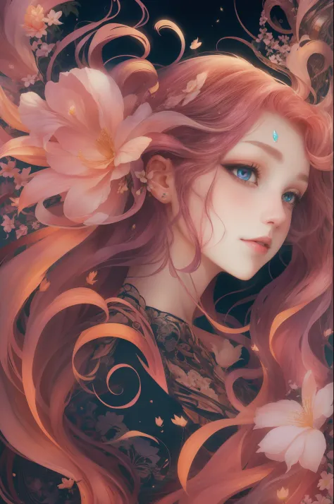 （（Gorgeous 18-year-old princess）），（She has long flowing pink hair），（Bright and beautiful eyes），trendding on artstation，Flowers of hope，ultra-detailliert，insanely details, Amazing, complex, elite, Art Nouveau, a gorgeous, Dreamy，Liquid wax, Luxurious, Ink s...