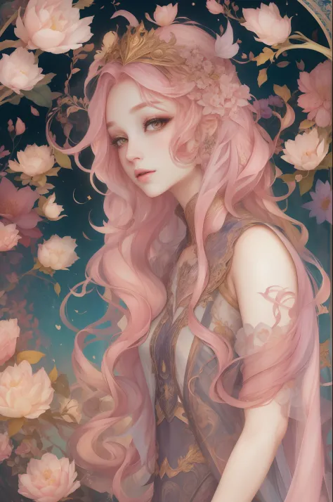 （（Gorgeous 18-year-old princess）），（She has long flowing pink hair），（Bright and beautiful eyes），trendding on artstation，Flowers o...