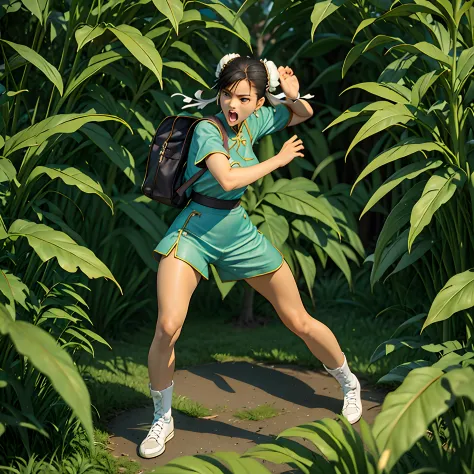 (best quality, masterpiece), 1girl, ChunLi, jungle, backpack, sun, standing, (screaming, ready to fight, full body)