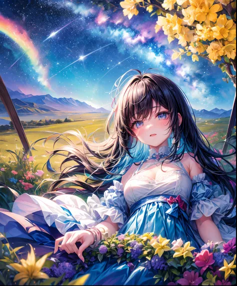 Describe a scene where a cute girl character is lying on a grassy hill, Looking up at the starry sky. Surround her with colorful...