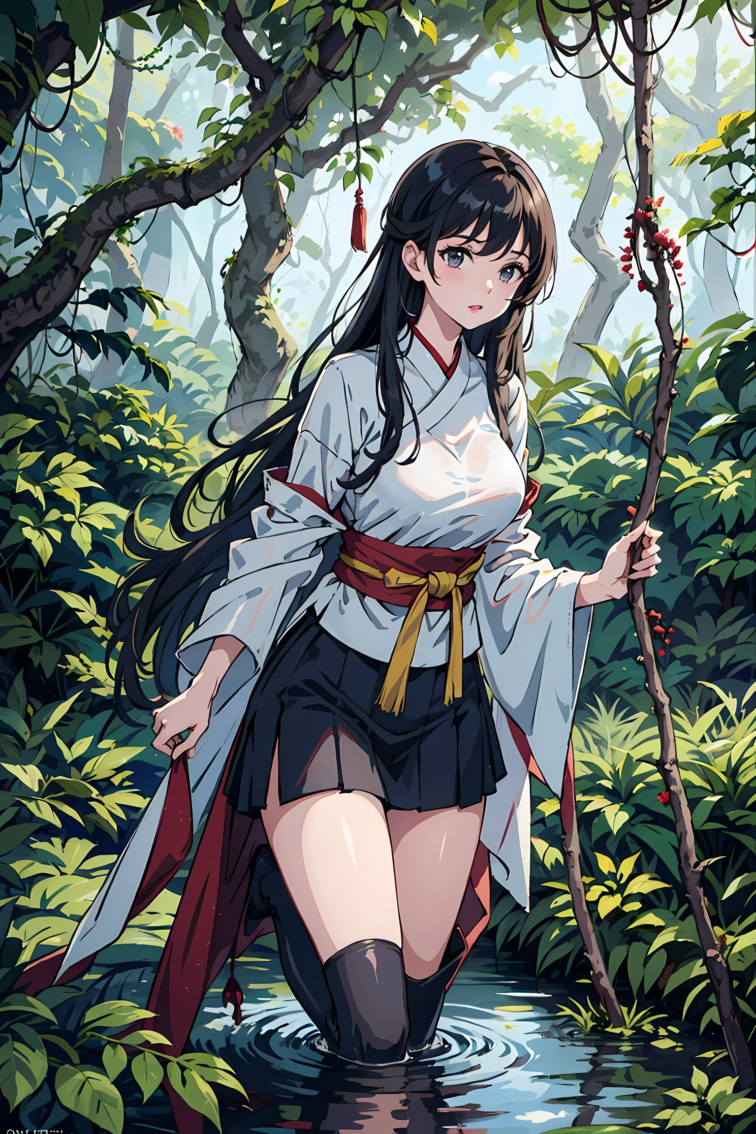 Isekai Fantasy、Isekai Jungle、Sea of Trees in Another World、Rainforest Jungle、amazon's jungle、Southeast Asian Jungles、Overgrown with mangroves、forest spirit、Tree Spirit、Wooden Monster、Beast-type monsters、sludge、mud、puddles、dark  forest、Jungle without light、A female heroine reincarnated in another world、Female heroines of Japan anime、Trees with viscous substances precipitated々、vine、Vine hanging from a tree branch overhead、Female heroine in a priestess costume、Female heroine is a saint、Around the saint、The holy aura shines、night situation,