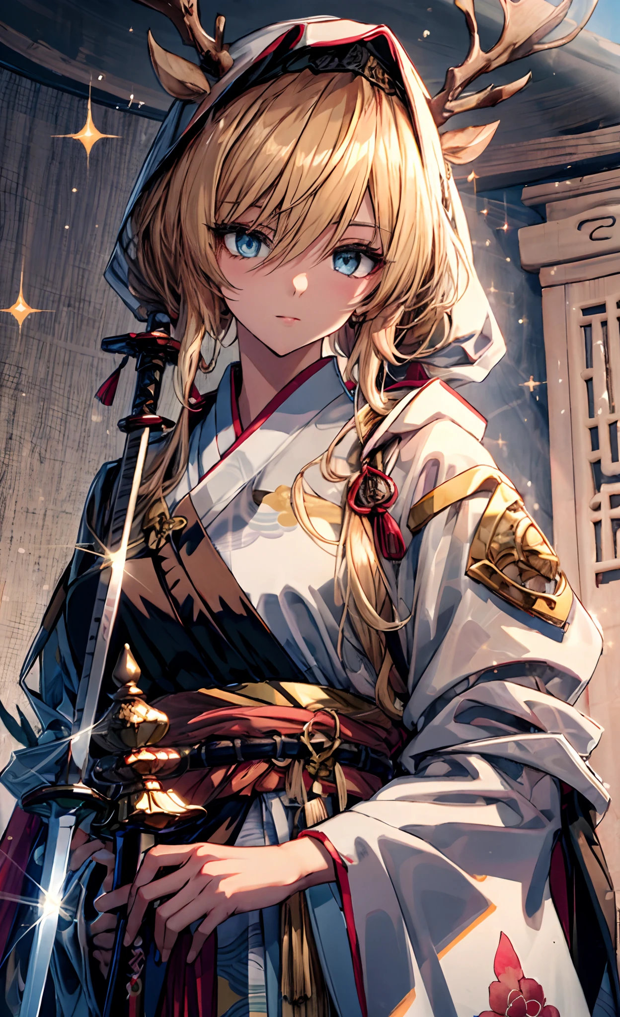 Masterpiece, Best quality, 1girll, Golden hair, blue color eyes, Female swordsman walking, Dutch angle, Cinematic, voluminetric lighting, rays of sunshine, Soft lighting, mistic, magical, rim lit, fantasy, Sparkle, glimmering, Ponytail hairstyle, Hanfu, Carrying a sword on his back, Ancient China, White and yellow clothes, Bird, The crane, Long hair, thick eyebrow